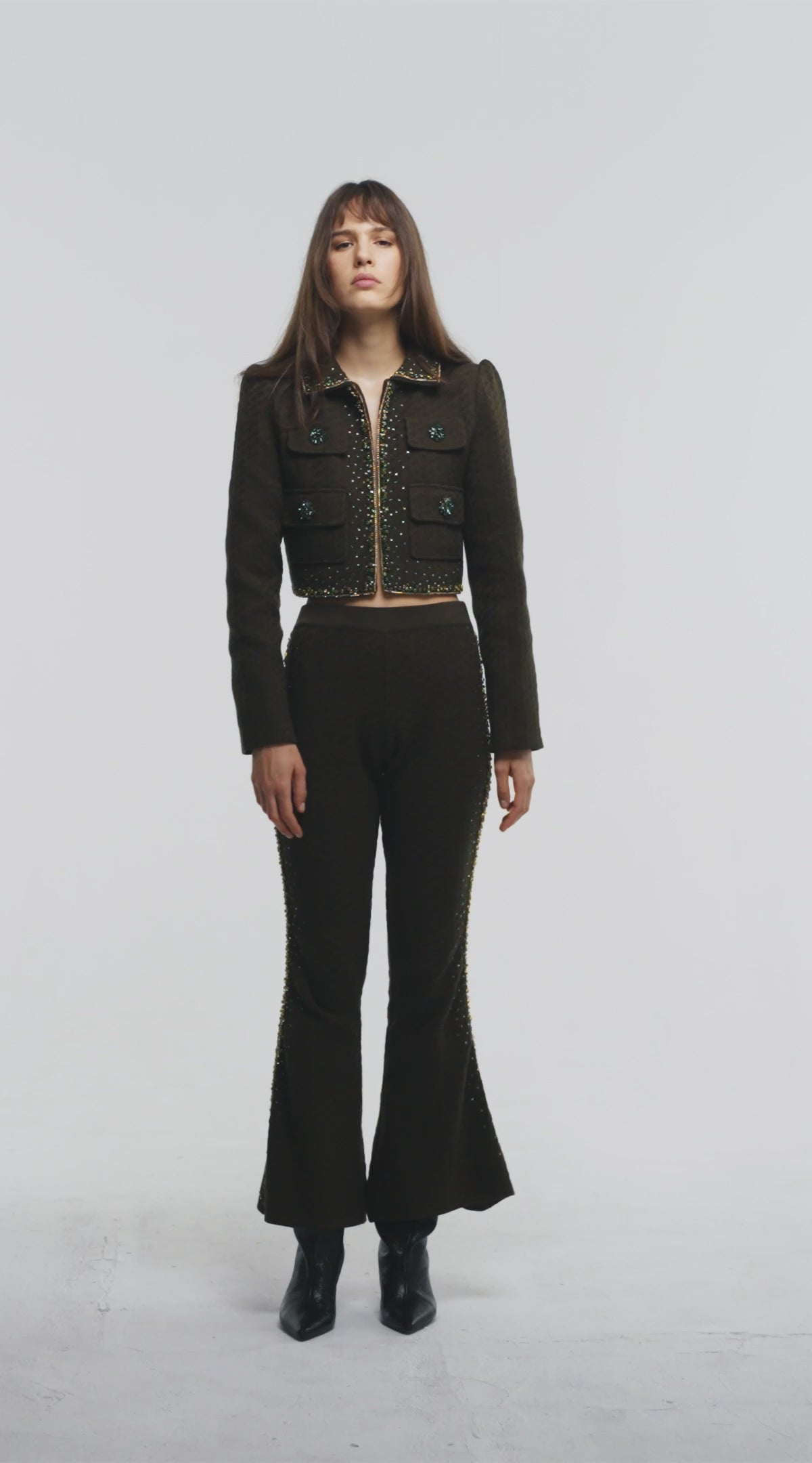 Embellished Structured Pants in Olive