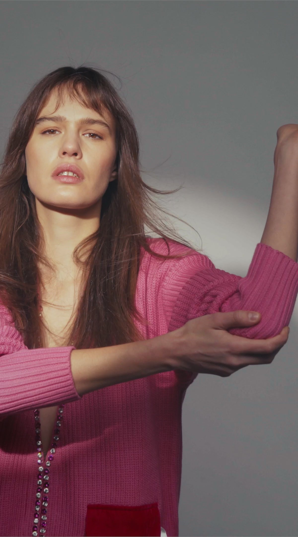 Oversized Cardigan with Velvet and Sequin Pockets in Magenta
