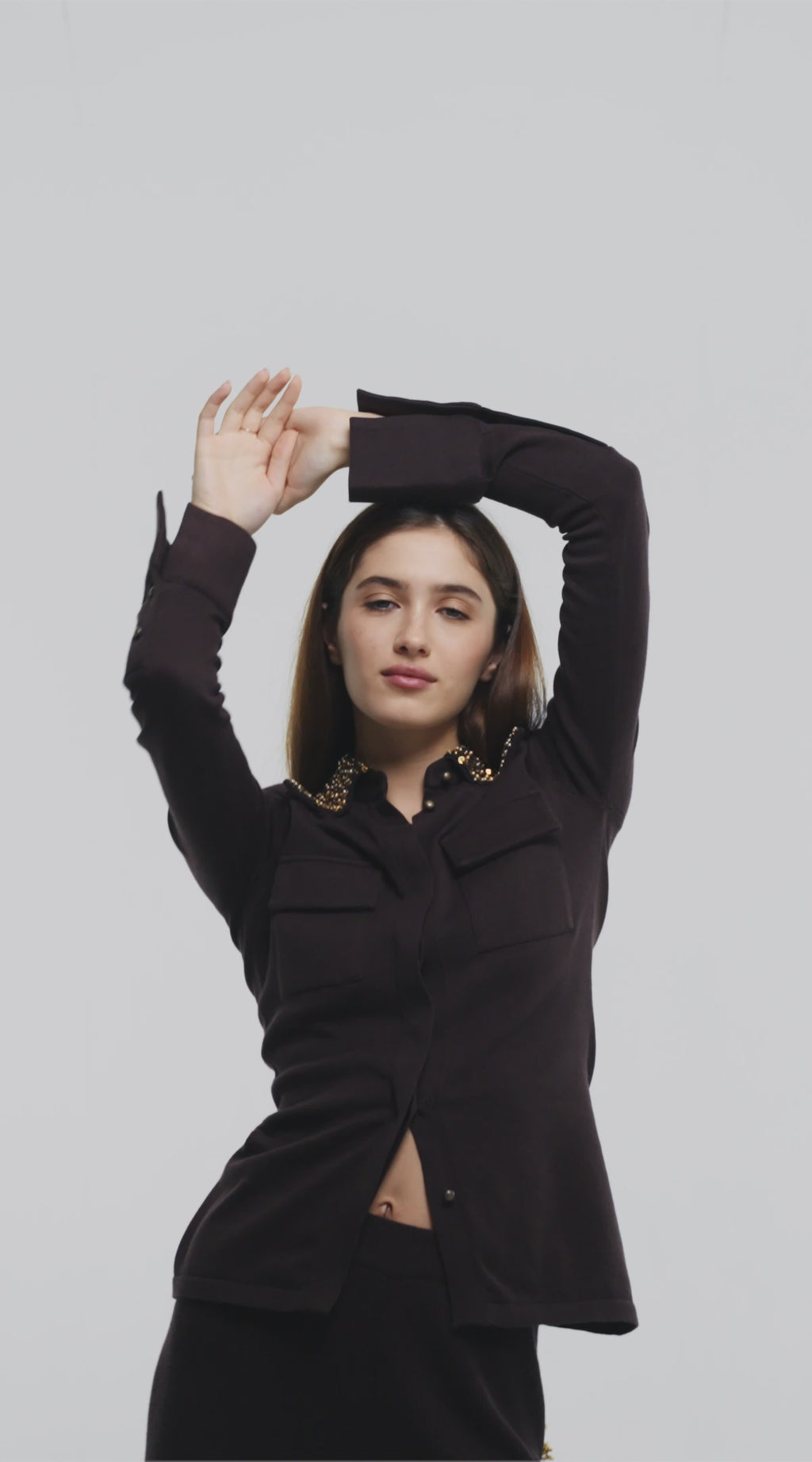 Fitted Shirt with Embellished Collar in Chestnut