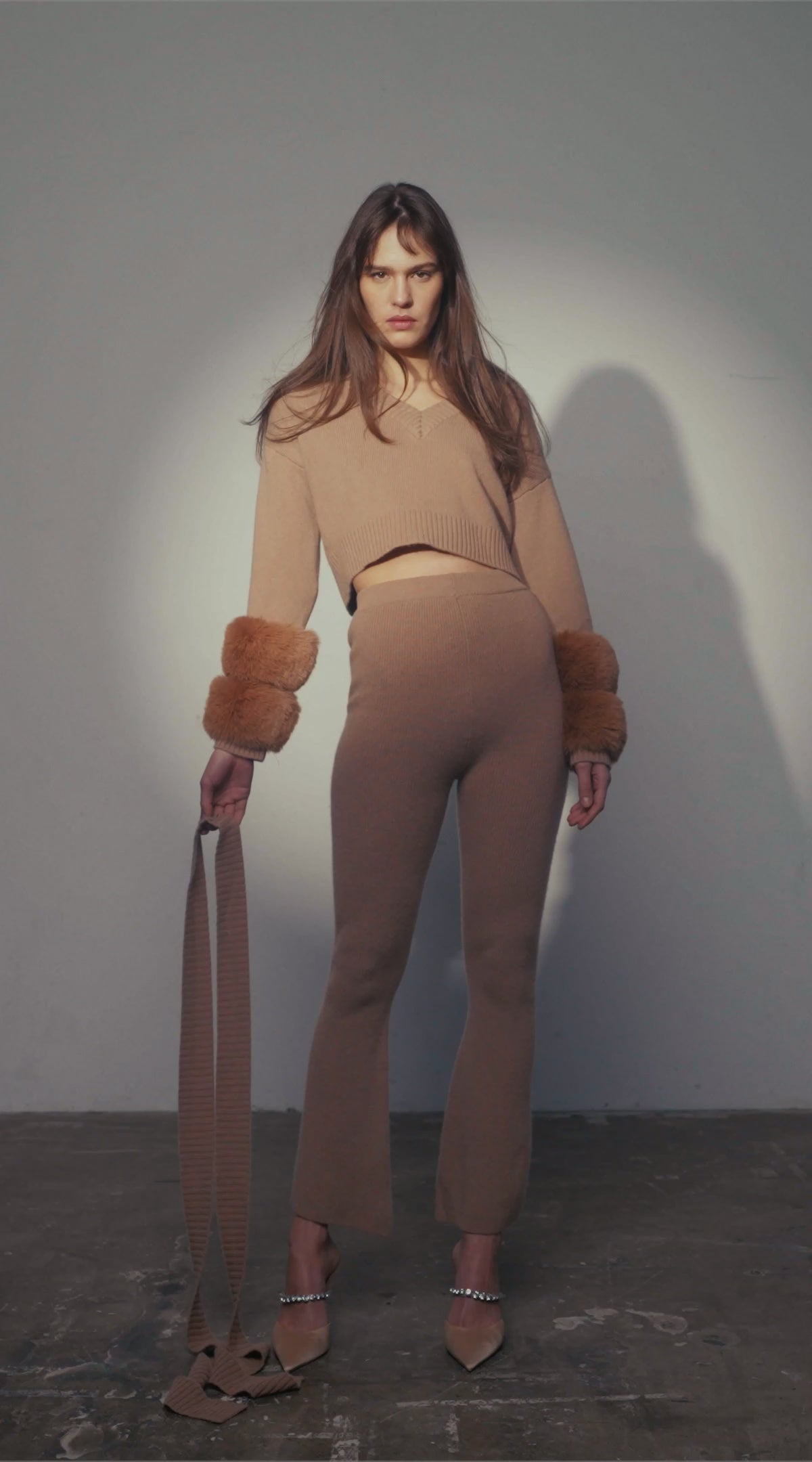 Cropped Faux Cuff Sweater with Necktie in Pecan