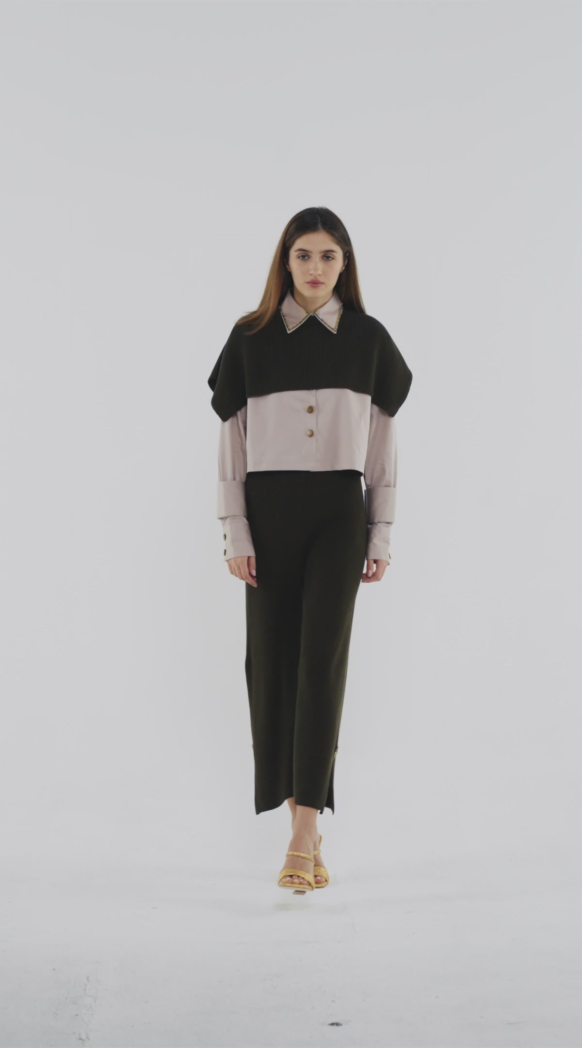 Embellished Shirt in Light Stone with Olive Knit Cape
