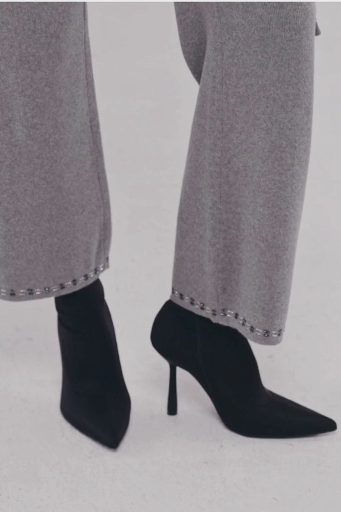 Embellished Wide Leg Pants in Stone