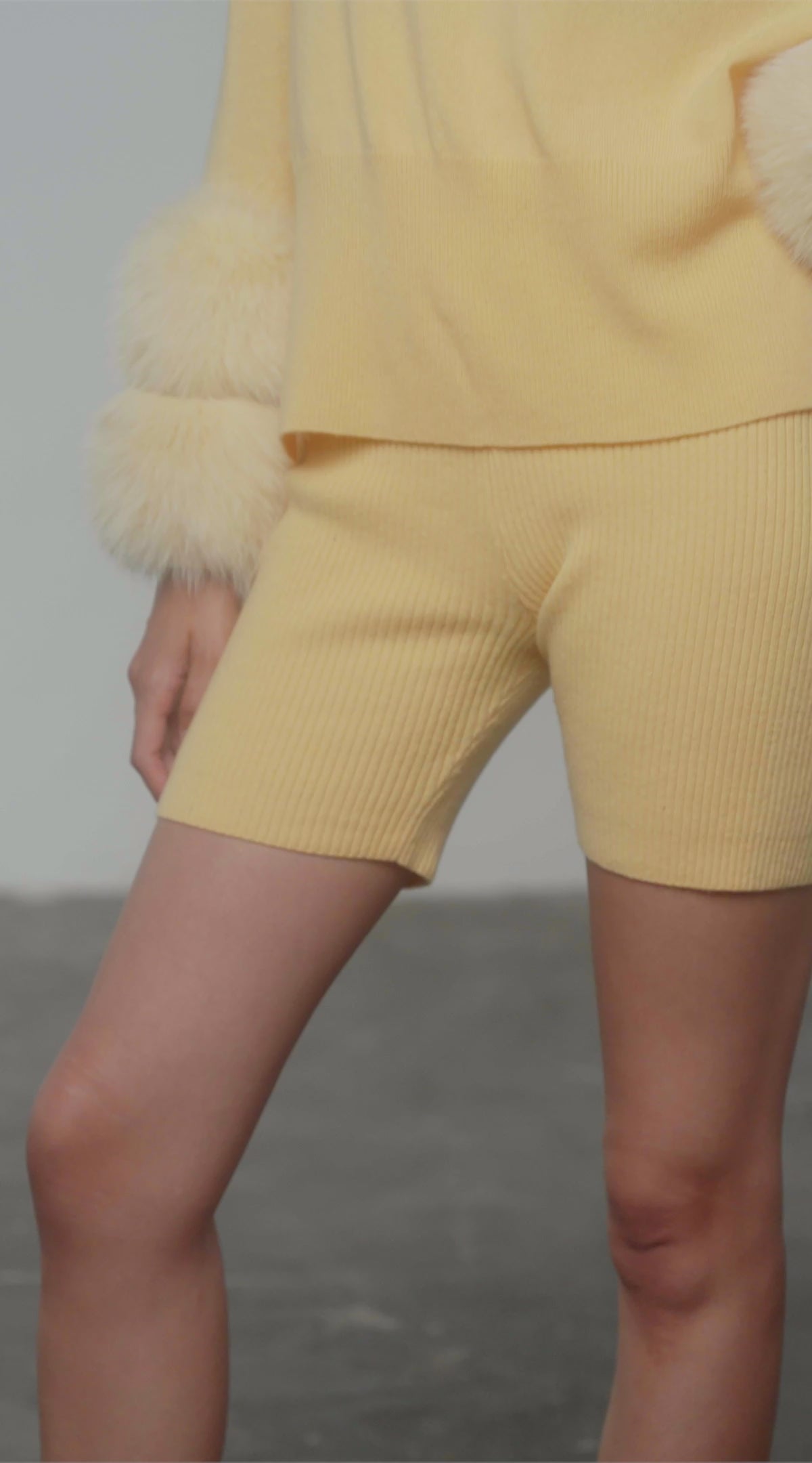 Cream & Yellow Colour Block Sweater with Fox Fur Cuffs