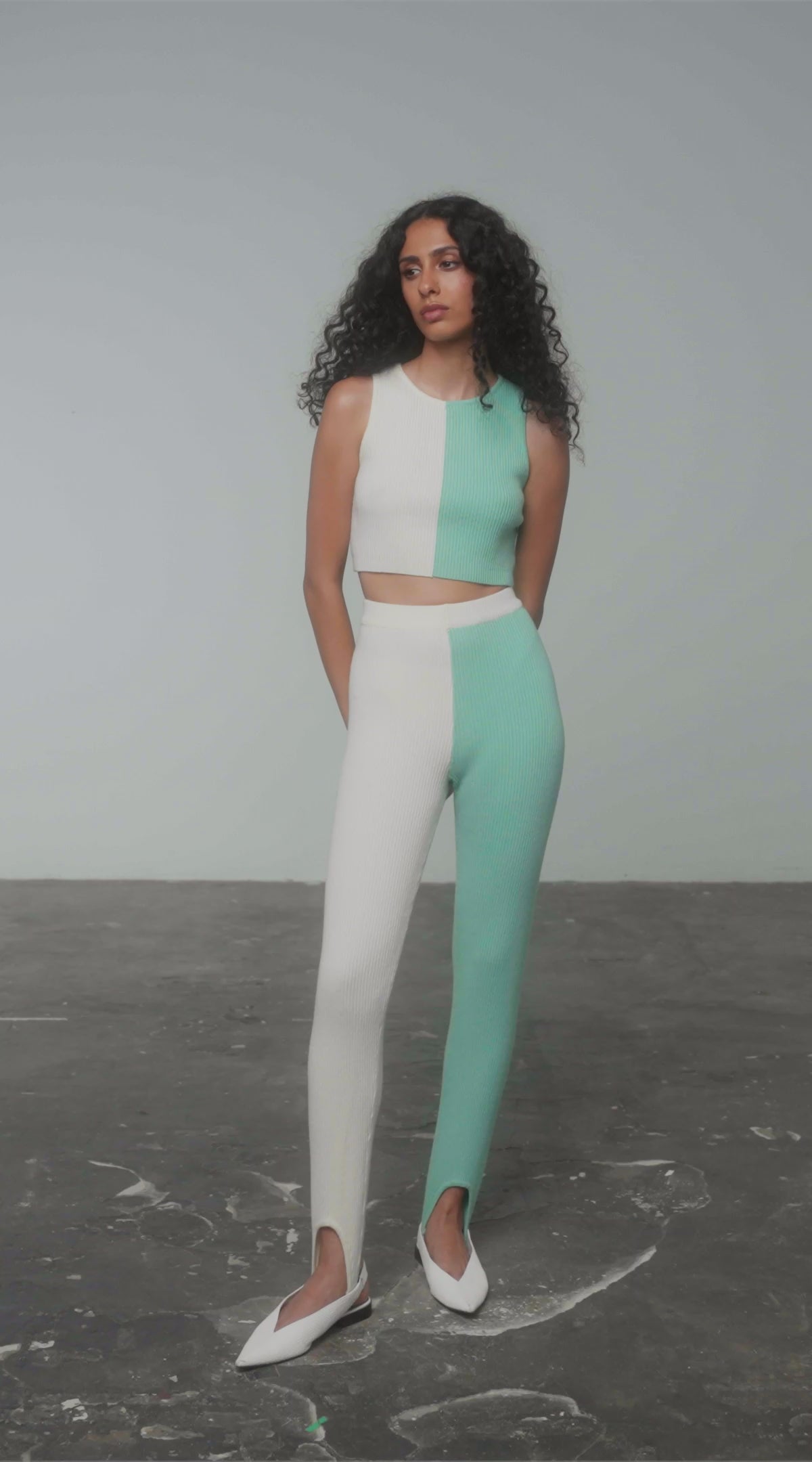 Cream & Green Colour Block Crop Top