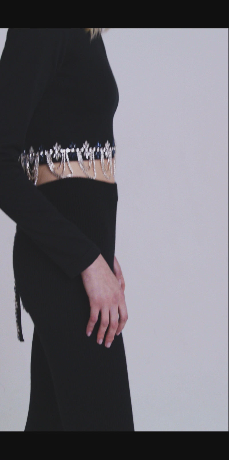 Black Cropped Backless Embellished Top