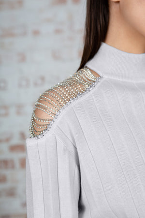Grey Shoulder Embellished Sweater