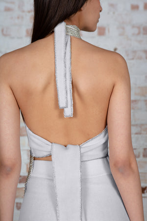 Grey Embellished Cropped Halter Top
