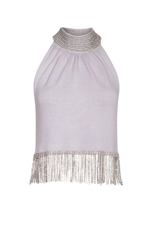 Grey Embellished Cropped Halter Top