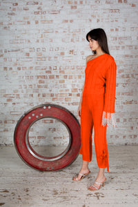 Orange Single Sleeve Sweater With Tassel Cuff