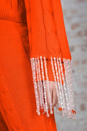 Orange Single Sleeve Sweater With Tassel Cuff