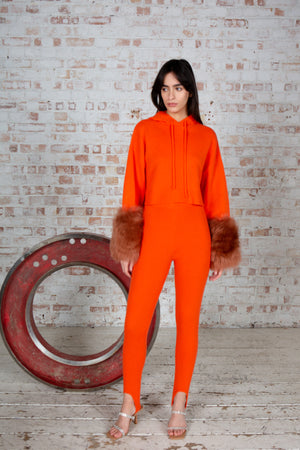 Orange Cropped Hoodie Pullover With Shearling Cuffs