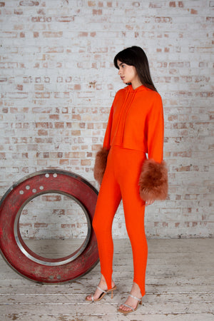 Orange Cropped Hoodie Pullover With Shearling Cuffs