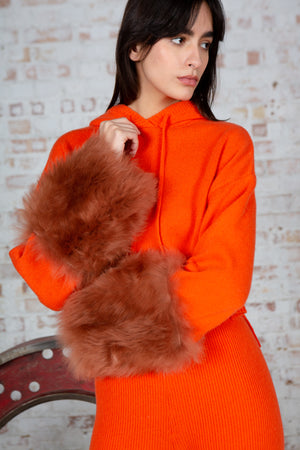 Orange Cropped Hoodie Pullover With Shearling Cuffs