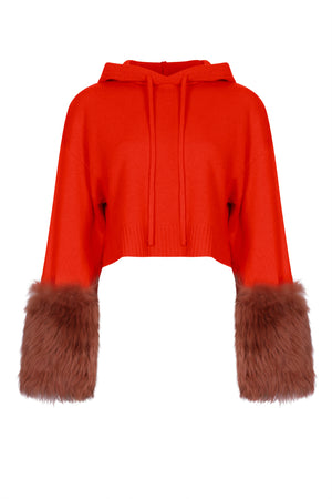 Orange Cropped Hoodie Pullover With Shearling Cuffs