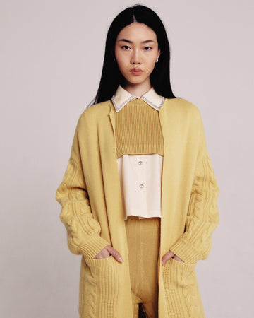 Chartreuse Shearling Trim Cable Cardigan Coat