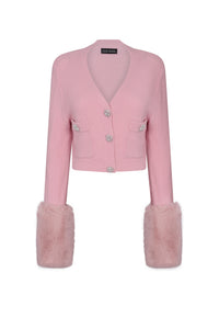 Pink Cropped Jacquard Cardigan With Faux Fur Cuffs