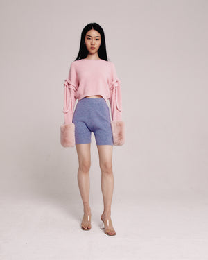 Pink Cable Ribbed Sweater With Faux Fur Cuffs