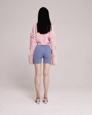 Pink Cable Ribbed Sweater With Faux Fur Cuffs