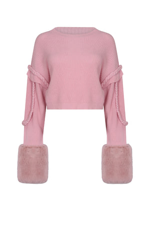 Pink Cable Ribbed Sweater With Faux Fur Cuffs