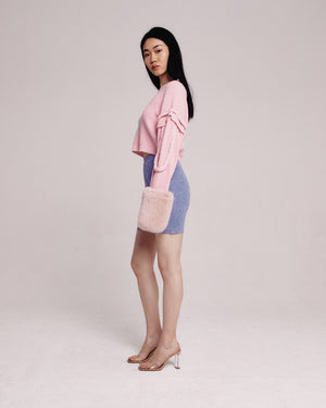 Pink Cable Ribbed Sweater With Faux Fur Cuffs