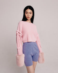 Pink Cable Ribbed Sweater With Faux Fur Cuffs