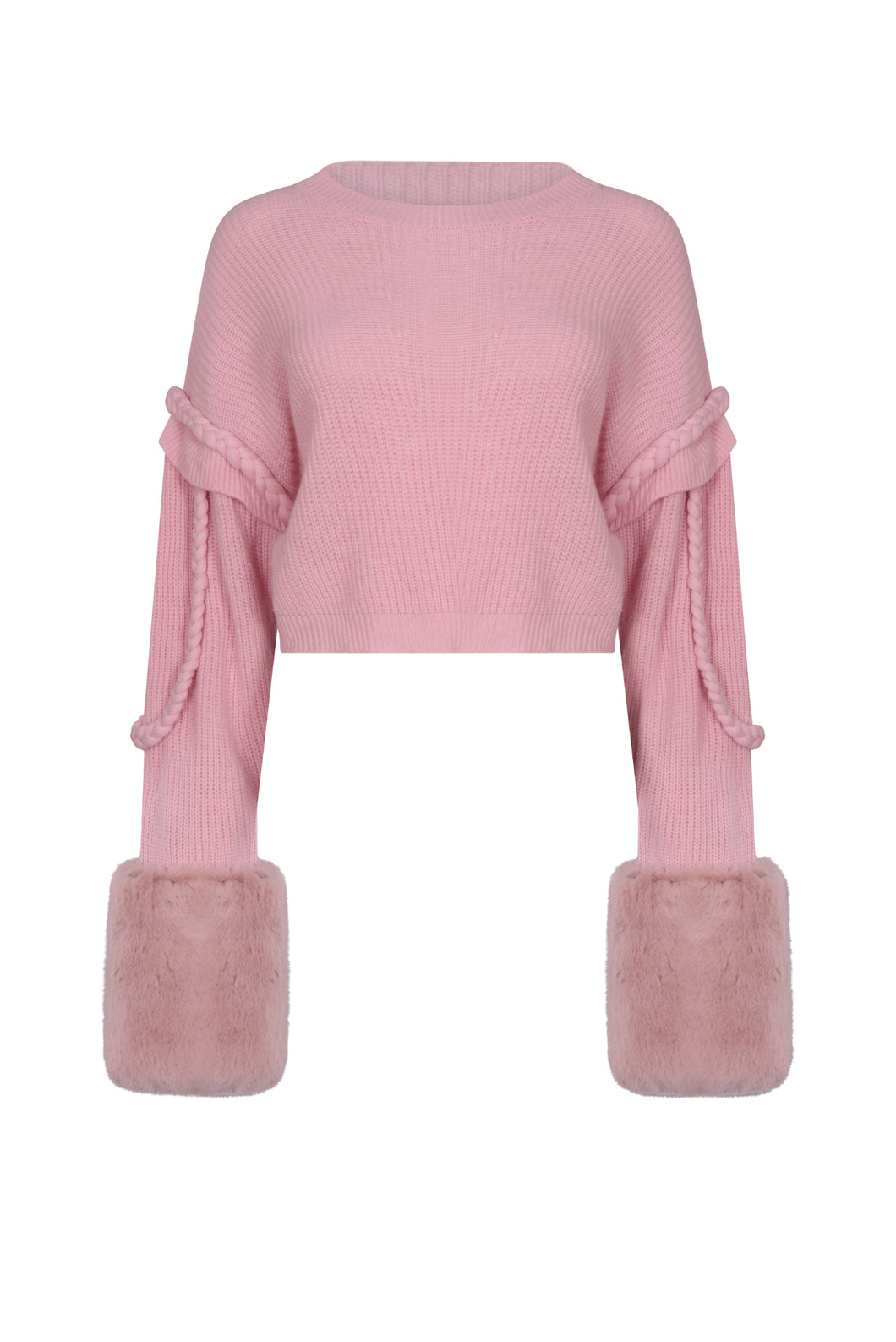 Pink Cable Ribbed Sweater With Faux Fur Cuffs