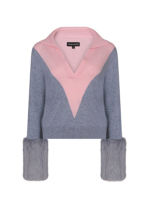 Colour Block Deep V Sweatshirt With Shearling Cuffs