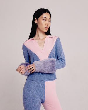 Colour Block Deep V Sweatshirt With Shearling Cuffs