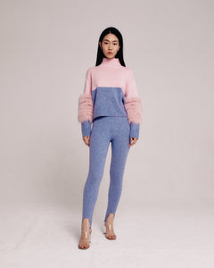 Pink And Grey Colour Block Half And Half Sweater With Fox Fur