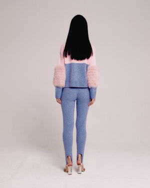 Pink And Grey Colour Block Half And Half Sweater With Fox Fur