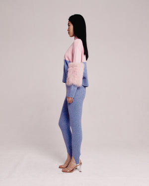 Pink And Grey Colour Block Half And Half Sweater With Fox Fur