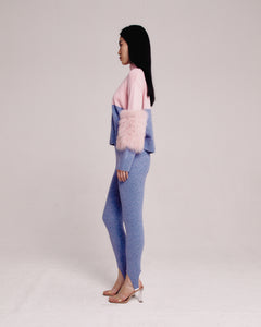 Pink And Grey Colour Block Half And Half Sweater With Fox Fur