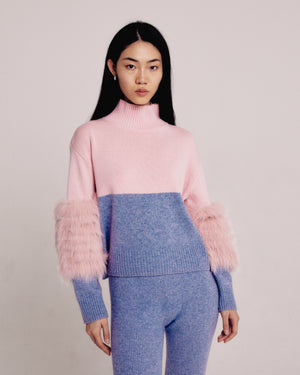 Pink And Grey Colour Block Half And Half Sweater With Fox Fur