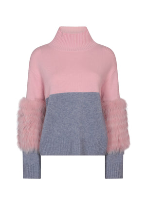 Pink And Grey Colour Block Half And Half Sweater With Fox Fur