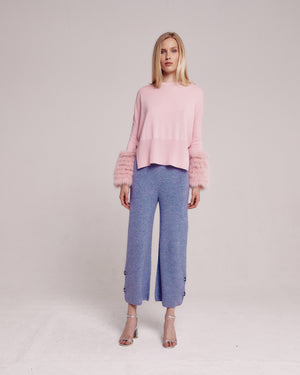 Pink Round Neck Sweater With Fox Fur Cuffs
