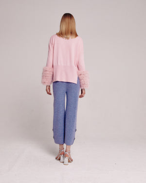 Pink Round Neck Sweater With Fox Fur Cuffs