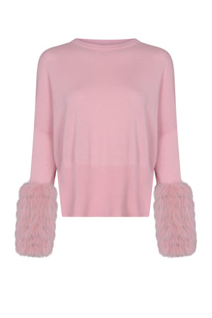 Pink Round Neck Sweater With Fox Fur Cuffs