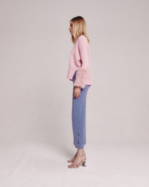 Pink Round Neck Sweater With Fox Fur Cuffs