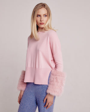 Pink Round Neck Sweater With Fox Fur Cuffs