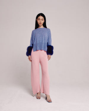 Grey Round Neck Sweater With Fox Fur Cuffs