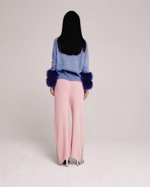 Grey Round Neck Sweater With Fox Fur Cuffs