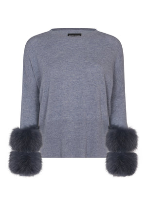 Grey Round Neck Sweater With Fox Fur Cuffs
