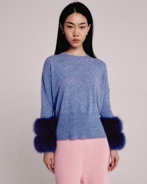 Grey Round Neck Sweater With Fox Fur Cuffs