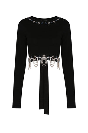 Black Cropped Backless Embellished Top