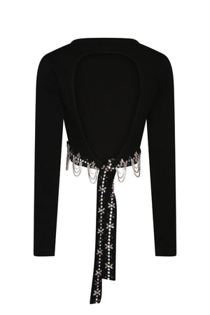 Black Cropped Backless Embellished Top
