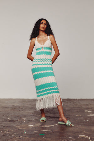 Cream & Green Colour Block Fringe Dress