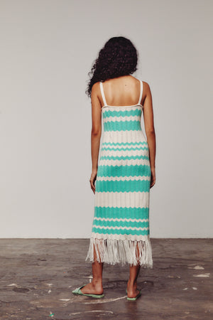 Cream & Green Colour Block Fringe Dress