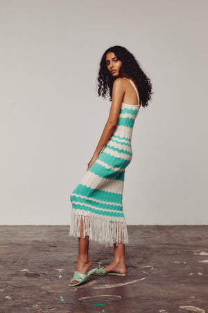 Cream & Green Colour Block Fringe Dress