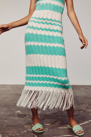 Cream & Green Colour Block Fringe Dress