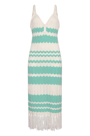 Cream & Green Colour Block Fringe Dress